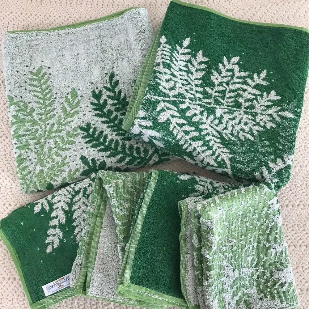 Vtg Cannon Monticello Towels Green Fringe Bath Hand Set 70s Floral 2 Bath 4 Hand